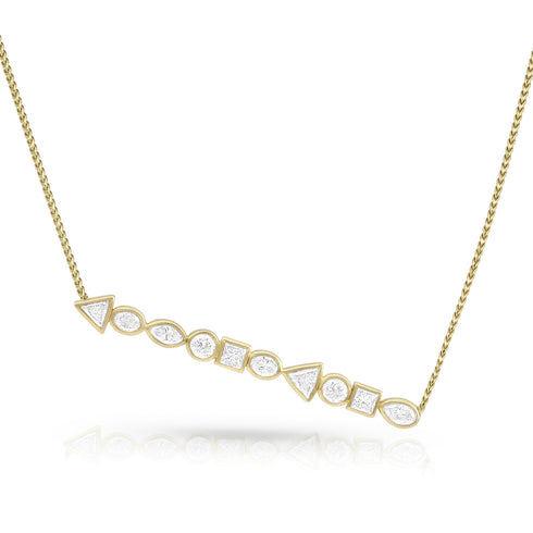 horizontal mixed shapes diamonds pendant necklace, in white diamonds and yellow gold <span class='visuallyhidden'>Call, text 323-404-2959 for shopping help.</span>